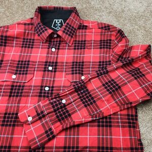 Messi Mens XXL Red Black Plaid Flannel Button Down Long Sleeve Cotton Shirt